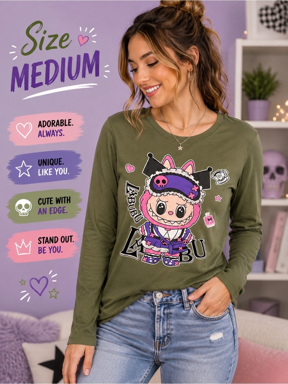 LABUBU Women's Olive Green Graphic Long Sleeve Tee MEDIUM